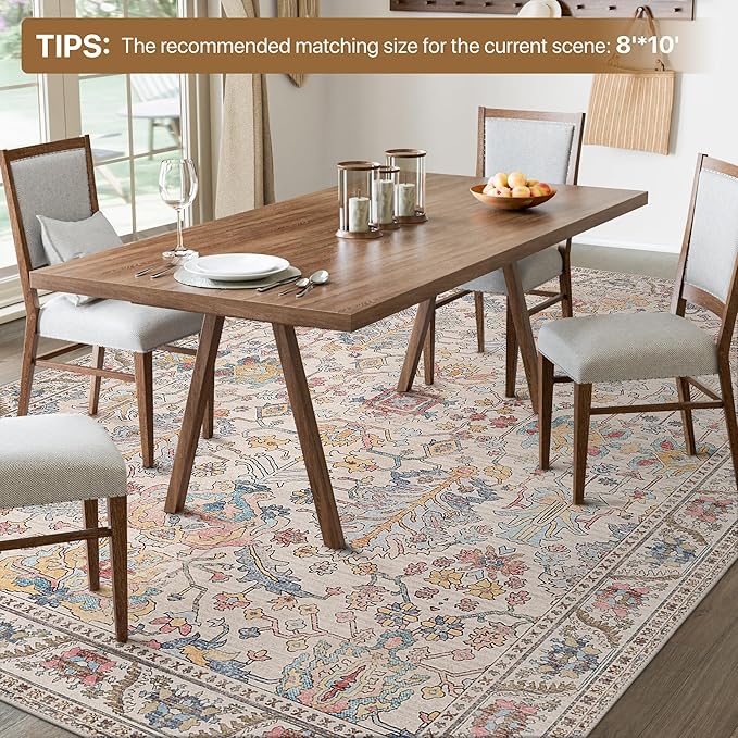 Area Rugs 8x10 Clearance Washable Boho Rug for Bedroom Living Room, Non Slip Thin Low Pile Chenille Carpet for Dining Room,Vintage Farmhouse, Retro Multi