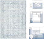 FMFUNCTEX 6x9 Washable Area Rug Blue Vintage Neutral Distressed Large Non Slip Carpet for Living Room Bedroom Soft Low Pile Indoor Mat Retro Floral Throw Rug for Dining Room Kitchen Office Nursery