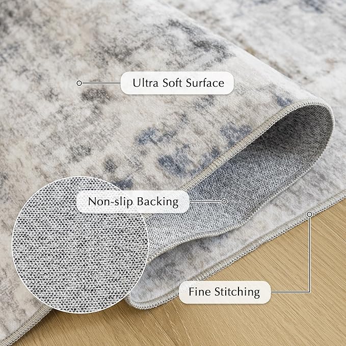 FMFUNCTEX 8x10 Washable Area Rug Brown Blue Neutral Abstract Modern Large Non Slip Carpet for Living Room Bedroom Soft Low Pile Indoor Mat Thin Accent Throw Rug for Dining Room Kitchen Office Nursery