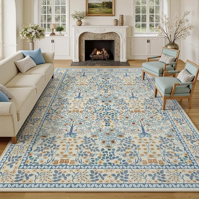 9x12 Area Rug Living Room Rug - Floral Vintage Forest Washable Carpet, Low Pile Non-Slip Stain Resistance Boho Soft Large Carpet for Bedroom, Dining Room Under Table, Farmhouse (9'x12' Blue/Orange)