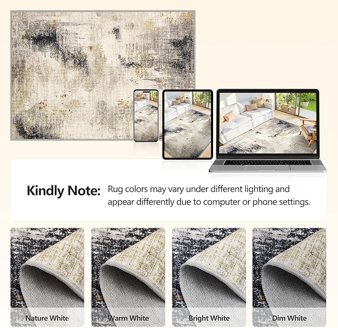 10x14 Washable Area Rugs - Modern Abstract Large Rugs for Living Room Non-Slip Low Pile Soft Machine Washable Carpet for Bedroom, Under Dining Table, Nursery, Farmhouse (10'x14' Beige Tan)