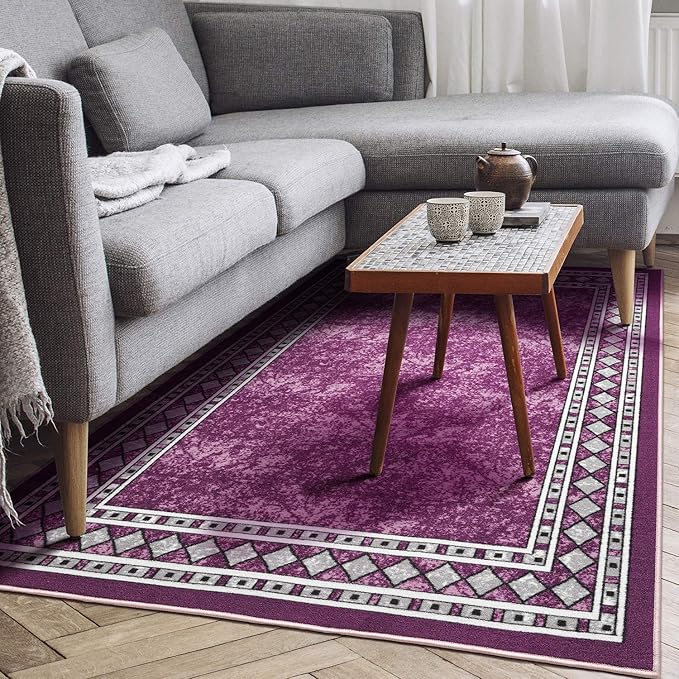 Antep Rugs Alfombras Modern Bordered 3x5 Non-Skid (Non-Slip) Low Profile Pile Rubber Backing Indoor Area Rugs (Purple, 3' x 5')