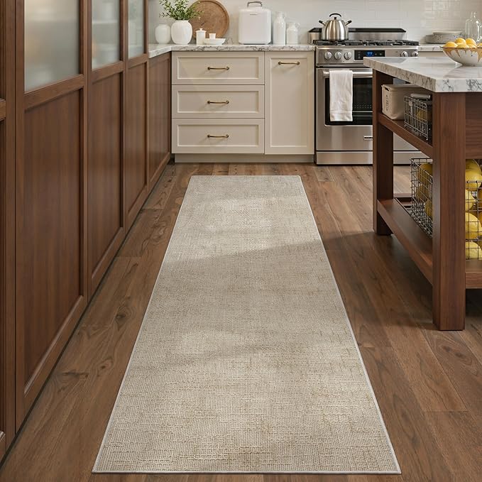 Art&Tuft 2x5 Runner Rug - Washable Runner Rugs, Non-Slip Runner Rug for Hallway, High Low Pile Textured Stripe 2x5 Rug Runner Throw Carpet for Entrance Entryway Bedroom Living Room Kitchen, Beige