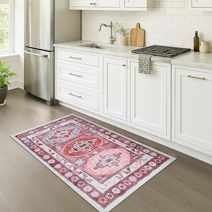 Fame Rugs Turkish Rug. Washable Vintage Oriental Antique Inspired Traditional Doormat Small Modern Area Rugs Luxury Entryway Entry Bedroom Bathroom Kitchen (378RR, 2'5 x 6'9)