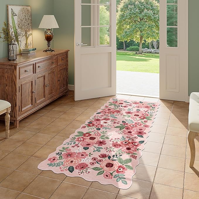 DUKINO 2x5 Washable Runner Rugs, Non Slip Floral Print Entryway Rug with Soft Low Pile, Lightweight Mat for Living Room, Bathroom, Bedroom, Kitchen, Pink