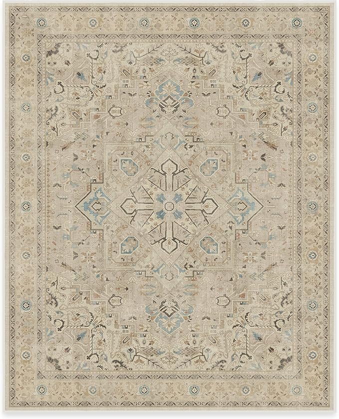 RUGGABLE Washable Vintage Area Rug – Kamran Ivory Opal 8x10, Stain-Resistant, Non-Slip – Large Machine Washable Rugs for Living Room, Bedroom, Hallway, Entryway & Office–with Cushioned Pad