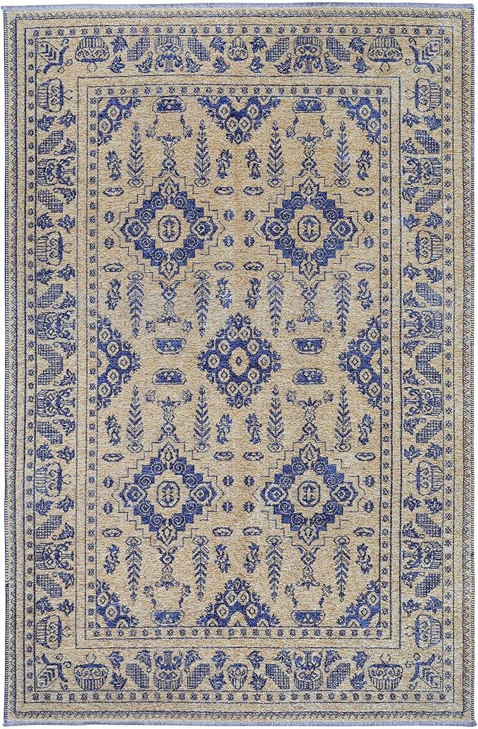 Alfa Rich 4x6 Gold Navy Blue Washable Area Rugs for Living Room Bedroom Kitchen Dining Cotton Rug