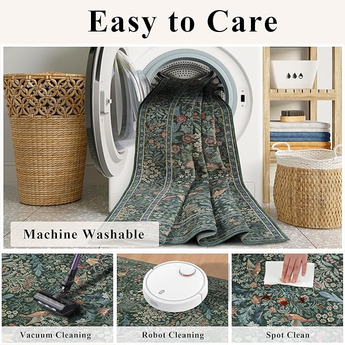 9x12 Floral Washable Area Rug for Living Room, Vintage Boho Large Rugs for Bedroom Dining Room, Botanical Birds Non Slip Low Pile Forest Throw Carpet for Farmhouse Office, Retro Green/Blue