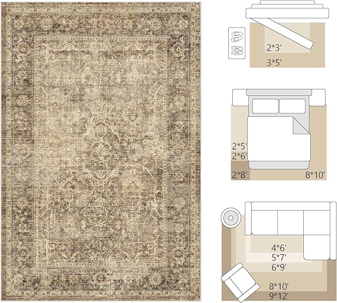 FMFUNCTEX 5ft Round Washable Area Rug Brown Vintage Neutral Distressed Non Slip Carpet for Living Room Bedroom Soft Low Pile Indoor Mat Retro Floral Throw Rug for Dining Room Office Nursery Bedside