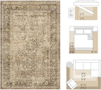 FMFUNCTEX 5ft Round Washable Area Rug Brown Vintage Neutral Distressed Non Slip Carpet for Living Room Bedroom Soft Low Pile Indoor Mat Retro Floral Throw Rug for Dining Room Office Nursery Bedside