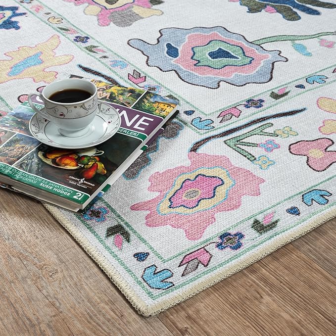 Fame Living Colorful Oushak Rug, Modern, Vintage, Turkish, Eclectic, Floral, Pastel, Washable, Large Area Rugs for Living Room, Dining, Bedroom, Girls, Boys, 7'5"x9'8"