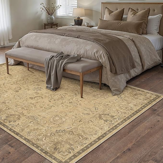 HUGEAR 5x7 Machine Washable Area Rugs Vintage Brown - Neutral Living Room Bedroom Rug Non Slip Stain Resistant Low Pile Aesthetic Throw Carpet Kids & Pet Friendly