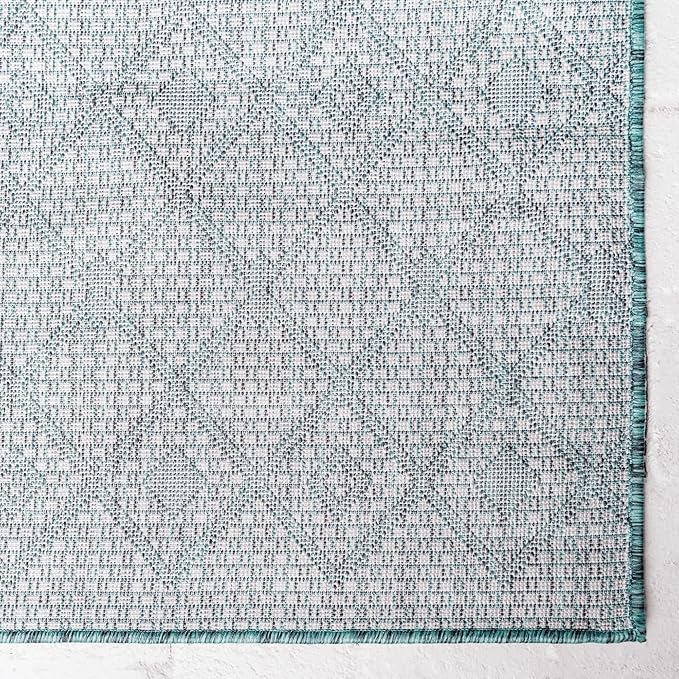 Unique Loom Outdoor Trellis Collection Area Rug - Tribal Trellis (7' 10" Square, Teal/ Ivory)