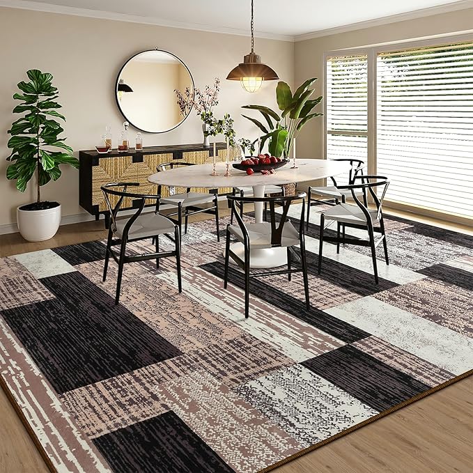 Large Area Rugs,Modern Geometric Patchwork Floor Decor for Bedroom Aesthetic Carpet, Rockwood Collection, Indoor Rugs for Living Room Dining Room Nursery Office Machine Washable Rug, 6x9 Ft Chocolate