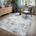GLN Rugs Contemporary Collection - Machine Washable Area Rug, Contemporary Washable, Non Slip, Low Pile Chenille Rug, Living Room, Bedroom, Kitchen Rug (6' x 9' White/Grey/Blue/Brown)