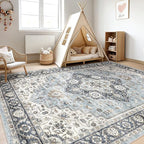 8x10 Area Rugs Living Room: Washable Boho Large Neutral Vintage Soft Rug Stain Resistant Farmhouse Non-Slip Indoor Floor Carpet for Bedroom Nursery Kids Office Dining Room Home House- Blue Tan