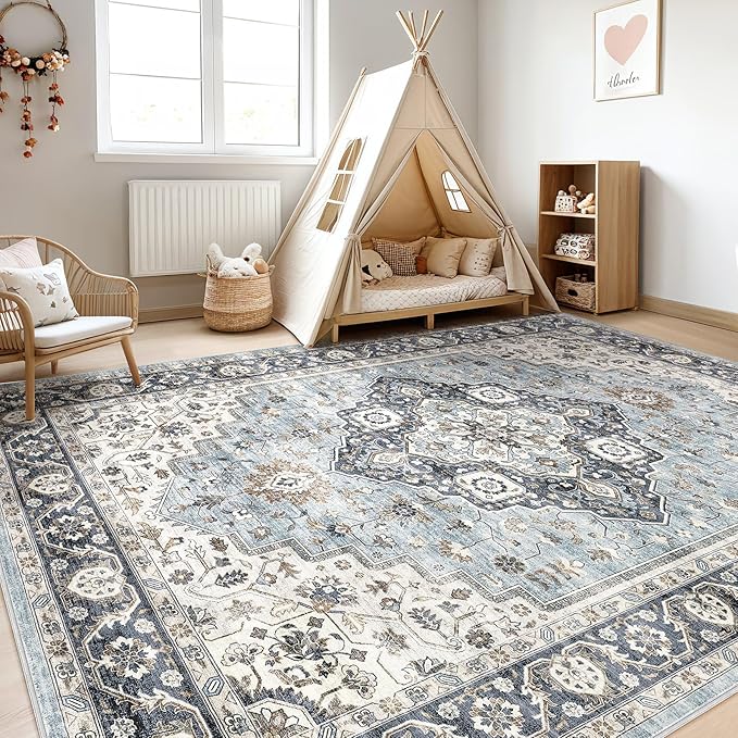 9x12 Area Rug Living Room: Washable Boho Large Neutral Vintage Soft Rugs Stain Resistant Farmhouse Non-Slip Indoor Floor Carpet for Bedroom Nursery Kids Playroom Office Dining Room House- Blue Tan