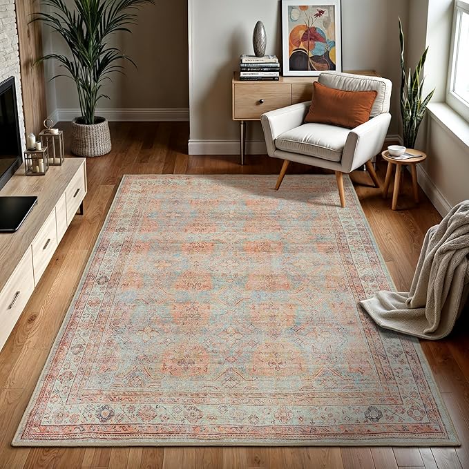 GLN Rugs Traditional Collection - Machine Washable Area Rug, Traditional Washable, Non Slip, Low Pile Chenille Rug, Living Room, Bedroom, Kitchen Rug (4' x 6' Terra/Multicolor 1153)
