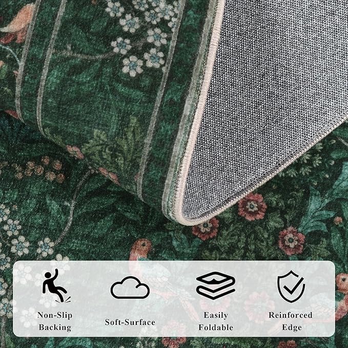 2x3 Floral Washable Area Rugs for Living Room, Vintage Boho Rug for Bedroom Dining Room， Distressed Botanical Birds Non Slip Low Pile Forest Animal Throw Carpet for Farmhouse Office, Bright Green