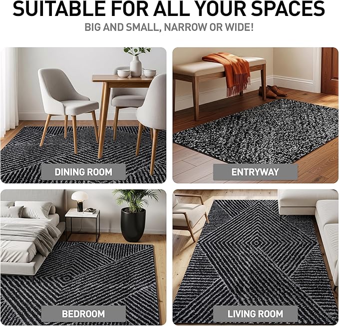 Rugshop Geometric Diamond Stripe Shag Area Rug Anthracite Dark Gray 4' x 6' Ideal for Small Living Rooms, Offices, or Beside The Bed