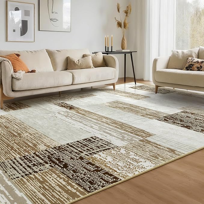 Large Area Rugs,Modern Geometric Patchwork Floor Decor for Bedroom Aesthetic Carpet, Rockwood Collection, Indoor Rugs for Living Room, Dining Room, Nursery, Office, Machine Washable Rug,8x10 Ft Beige