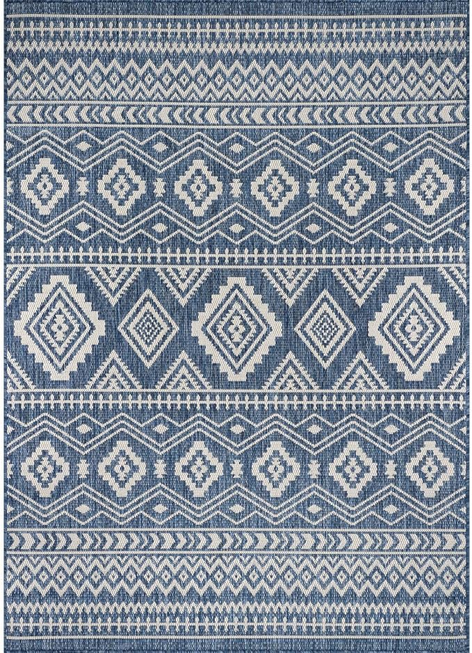 Beverly Rug Waikiki Boho Indoor Outdoor Rug 9x12, Washable Outside Carpet for Patio, Deck, Porch, Bohemian Area Rug, Farmhouse Rugs, Aztec Tribal Rug, Azure and White