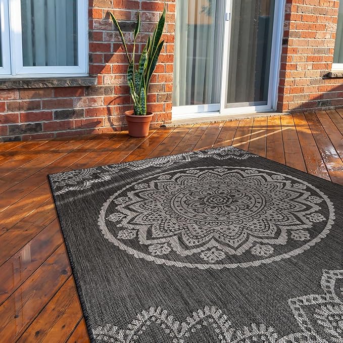 CAMILSON Outdoor Rug 6x9 Modern Area Rugs for Indoor and Outdoor Patios and Porches - Waterproof Washable Non-Shedding Easy-to-Clean Outside Carpet (6 x 9, Medallion - Dark Grey/Light Grey)