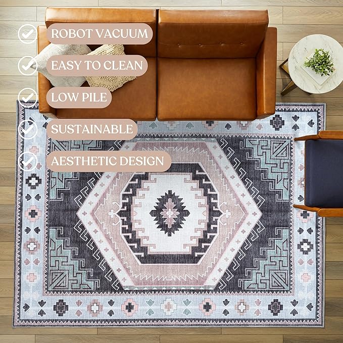 Fame Living Washable Area Rug. Modern Farmhouse. Vintage. Turkish. Bohemian. Distressed. Oriental. Traditional. Rugs for Living Room. Dining. Bedroom. Office. Entryway. Foyer. (856BlckGry, 9' x 12')