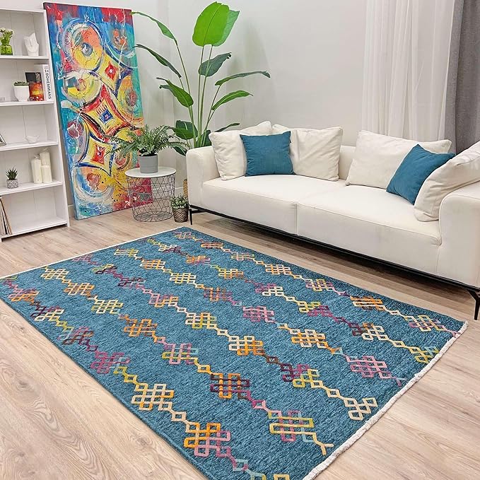 Alfa Rich 4x6 Moroccan Blue Washable Area Rugs for Living Room Bedroom Kitchen Decor Cotton Rug