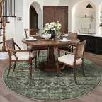6ft Round Washable Area Rugs for Living Room, Vintage Boho Large Rug for Bedroom Dining Room Office, Distressed Floral Print Carpet for Under Table, Soft Non Slip Low Pile Throw Indoor Mat, Green