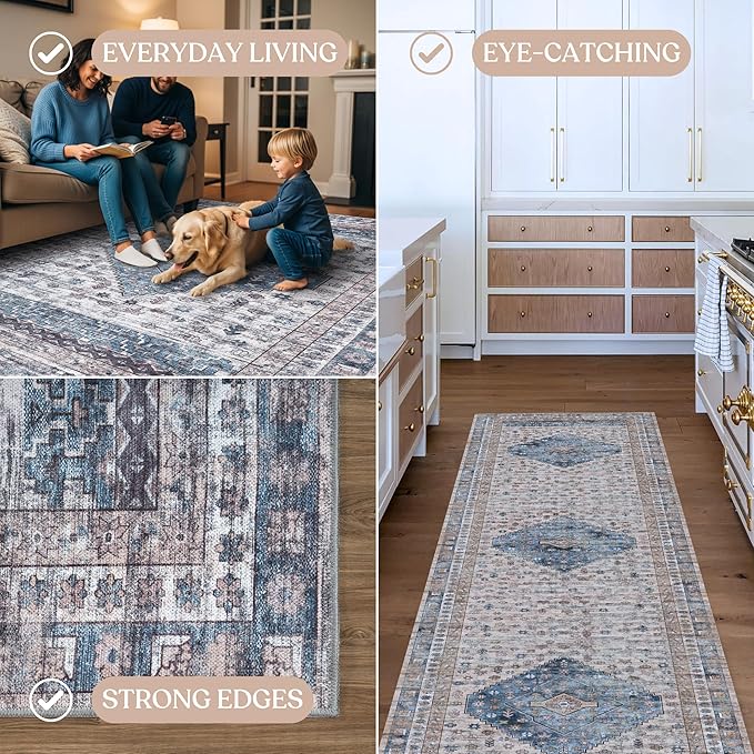 Washable Area Rug. Modern Farmhouse. Vintage. Turkish. Bohemian. Distressed. Oriental. Traditional. Rugs for Living Room. Dining. Bedroom. Office. Entryway. Foyer. (859NC, 9'5" x 14')