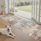 Washable Runner Rug for Hallway: 2.6x14 Neutral Modern Abstract Low Pile Area Rug with Non-Slip Backing - Carpet for Bedroom Kitchen Laundry Entryway Bathroom Indoor - Grey Brown