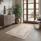 Bavni 3x5 Area Rug for Living Room Bedroom, Washable Boho Print Vintage Aesthetic Rug, Ultra-Thin Low Pile Rugs for Entryway Playroom with Non Slip Backing, Light Taupe Brown
