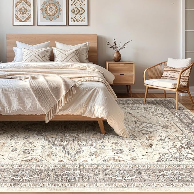 12x15 Area Rug Living Room: Washable Boho Large Neutral Vintage Soft Rugs Stain Resistant Farmhouse Non Slip Indoor Floor Carpet for Bedroom Nursery Kids Playroom Office Dining Room Home Decor- Brown