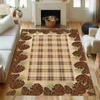 Cabin Pine Cones Area Rug 5x6ft for Living Room, Brown Buffalo Plaid Indoor Anti-Slip Large Area Rug Rustic Style Rugs for Bedroom, Lodge Living Rugs With Pine Cones, Throw Area Rug for Farmhouse