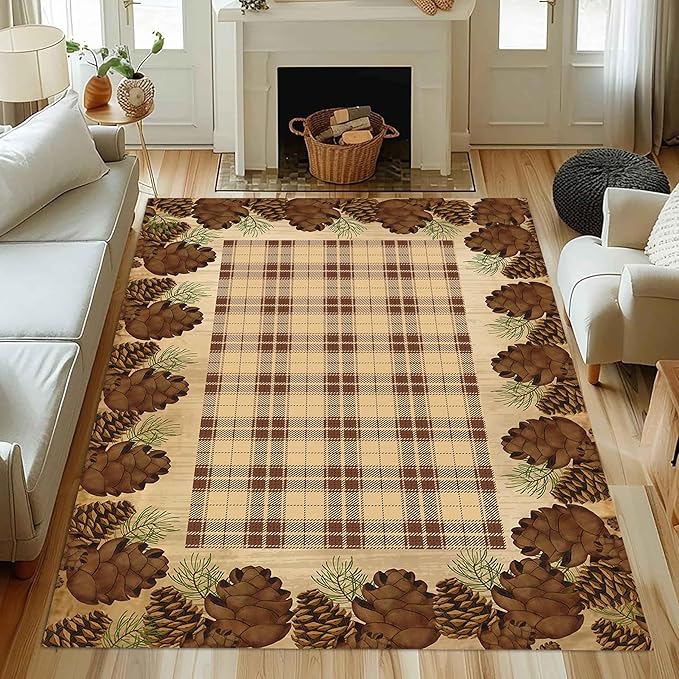 UNREASTO Rustic Pine Cones Area Rug 3x5ft, Brown Buffalo Plaid, Indoor Anti-Slip, Large Area Rug for Living Room, Bedroom, Lodge, Farmhouse