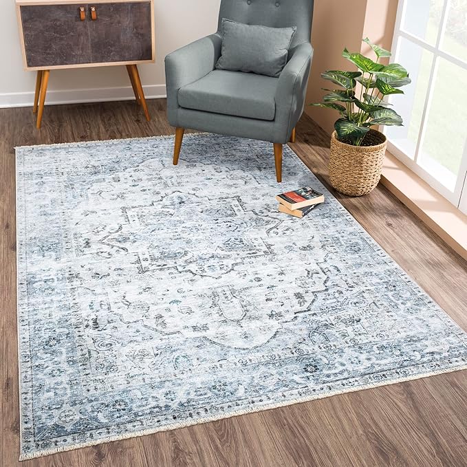 Bloom Rugs Caria Washable Non-Slip 6x9 Rug - Ivory/Blue/Gray Traditional Area Rug for Living Room, Bedroom, Dining Room, and Kitchen - Exact Size: 6' x 9'