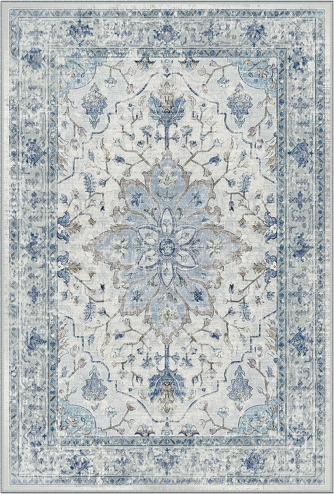 Area Rugs 3'x8' Washable Non-Slip, Floral Vintage Distress Print Pattern Medallion Carpet for Living Room Bedroom Dining Room, Light Blue Navy Beige Gray White