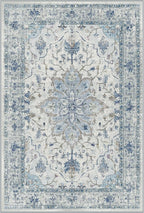 Area Rugs 4'x5' Washable Non-Slip, Floral Vintage Distress Print Pattern Medallion Carpet for Living Room Bedroom Dining Room, Light Blue Navy Beige Gray White