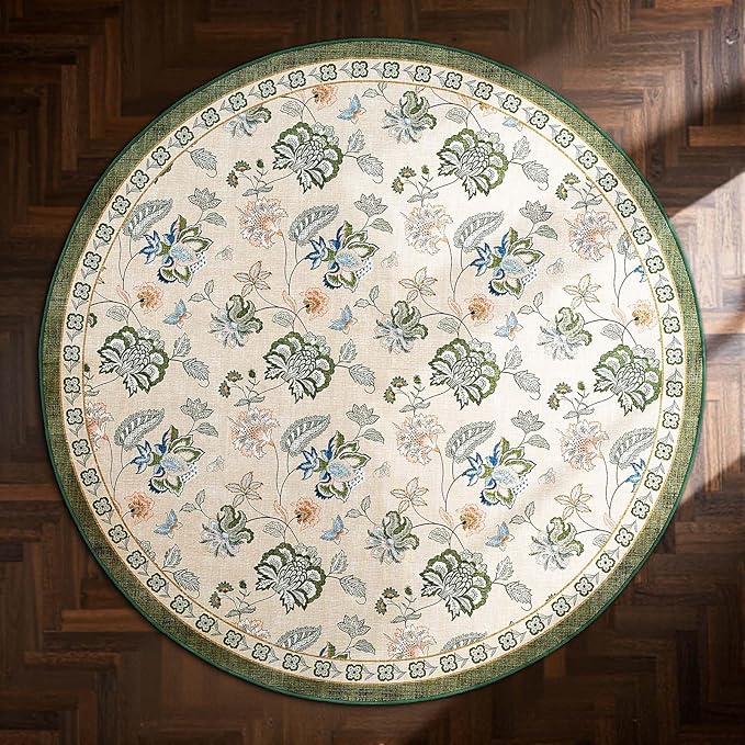 jinchan Elora 7ft Floral Round Rug for Dining Room Washable Living Room Rug Vintage Romance Design Non Slip Indoor Floor Cover Lightweight Low-Profile Throw Carpet for Bedroom Porch Patio, Green/Beige