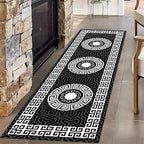 Modern Black White Geometric Kitchen Rug, 4x10ft, Greek Key Meander Design Entrance Rugs, Easy Clean Low Pile Washable Carpet, Soft Foldable No Crease Carpets for Porch Family