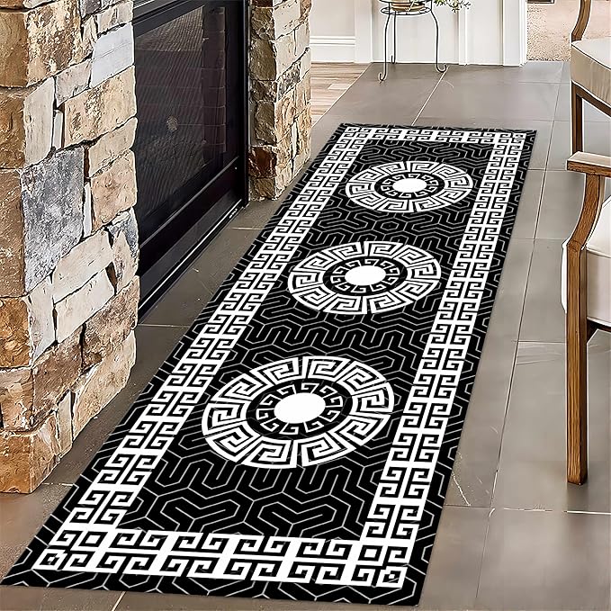 Modern Black White Geometric Kitchen Rug, 4x12ft, Greek Key Meander Design Entrance Rugs, Easy Clean Low Pile Washable Carpet, Soft Foldable No Crease Carpets for Porch Family