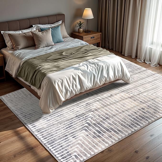 GLN Rugs Contemporary Collection - Machine Washable Area Rug, Contemporary Washable, Non Slip, Low Pile Chenille Rug, Living Room, Bedroom, Kitchen Rug (8' x 10' Lines Cream)