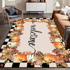 Checkered Area Rugs, 4x5ft, Black and White Check with Fall Leaves Pumpkin Autumn Harvest Carpet, Entrance Rubber Non Slip Breathable Fall Rug for Dining Room Laundry