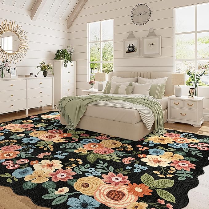 DUKINO 8x10 Area Rug, Floral Washable Rugs for Living Room with Non Slip Backing & Non-Shedding, Lightwight Low Pile Boho Design Large Carpets for Bedroom, Living Room, Dining Room, Black