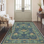 Bavni 5x7 Area Rugs for Living Room, Microfiber Machine Washable Non-Slip Vintage Floral Rug, Low Pile Lightweight Carpet for Bedroom, Dining Room, Home Office, Navy Blue & Sage Green