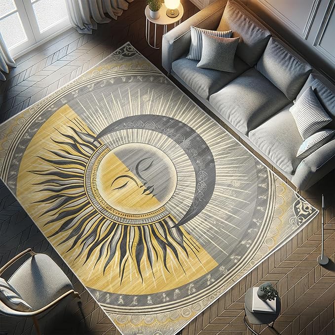 Ambesonne Sun and Moon Decorative Rug, Celestial Esotery Lunar and Solar Characters with Leafy Details Modern, Quality Carpet for Bedroom Dorm and Living Room, 4' X 5' 5", Mustard Purpleblue