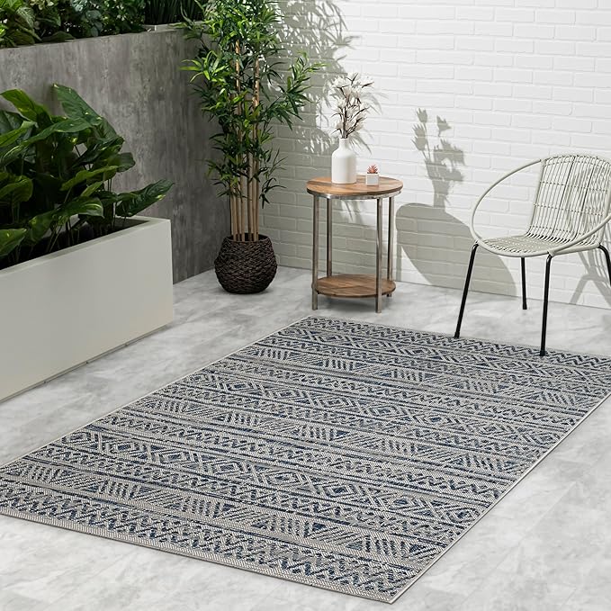 FH Home Flat Woven Outdoor Rug - Waterproof, Easy to Clean, Stain Resistant - Premium Polypropylene Yarn - Striped Boho - Large Patio, Deck, Sunroom - Amman - Blue - 7ft 8in x 9ft 8in