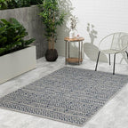 FH Home Flat Woven Outdoor Rug - Waterproof, Easy to Clean, Stain Resistant - Premium Polypropylene Yarn - Striped Boho - Large Patio, Deck, Sunroom - Amman - Blue - 7ft 8in x 9ft 8in