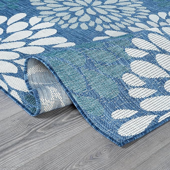 Beverly Rug Outdoor Rug 8x10 Modern Exotic Tropical Leaf Area Rugs for Indoor and Outdoor Patio Deck Porch Garden Water Resistant Washable Outside Carpet (8 x 10 Blue)